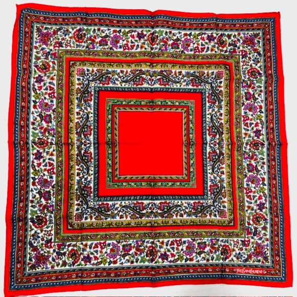 Unused  Yves Saint Laurent Cotton/Silk MiniScarf/Handker Red green Floral (20 - Picture 1 of 6